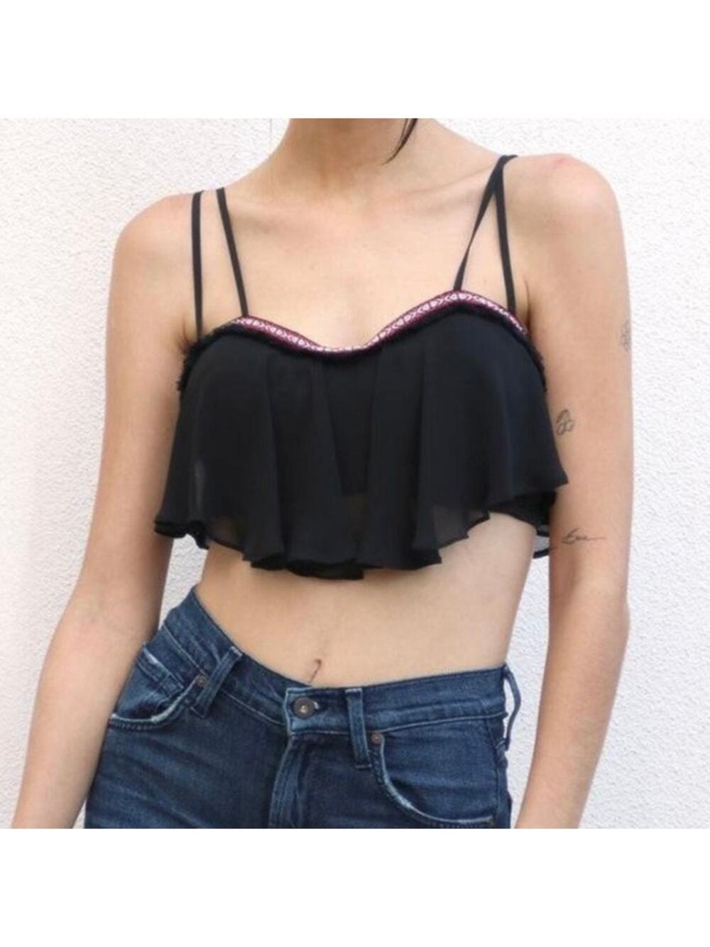 Bebe Black Tribal Embroidered with Black Fringe Bustier Top with Sheer Overlay